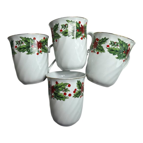 Set Of 4 Truly Tasteful Fine China Christmas Holly Berry Mugs 4.5" Tall Gold Rim - Picture 2 of 10